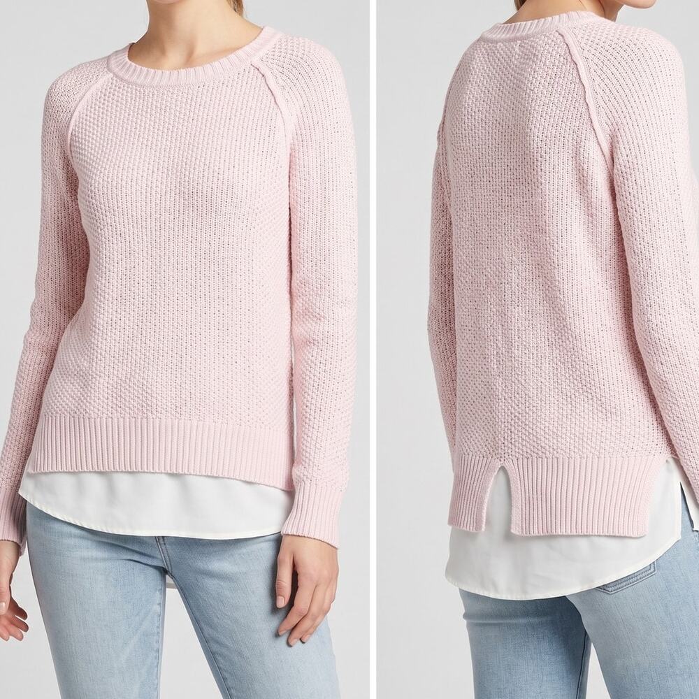 Chaps Pink Sweater Layered over White Shirt Look Medium